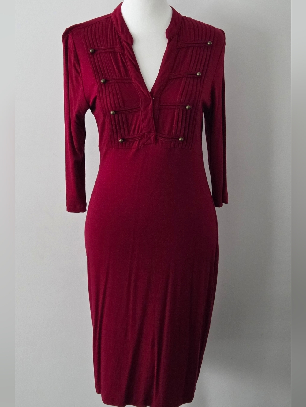 Fashion Magazine Burgundy Long Sleeve Midi Dress with Button Detail